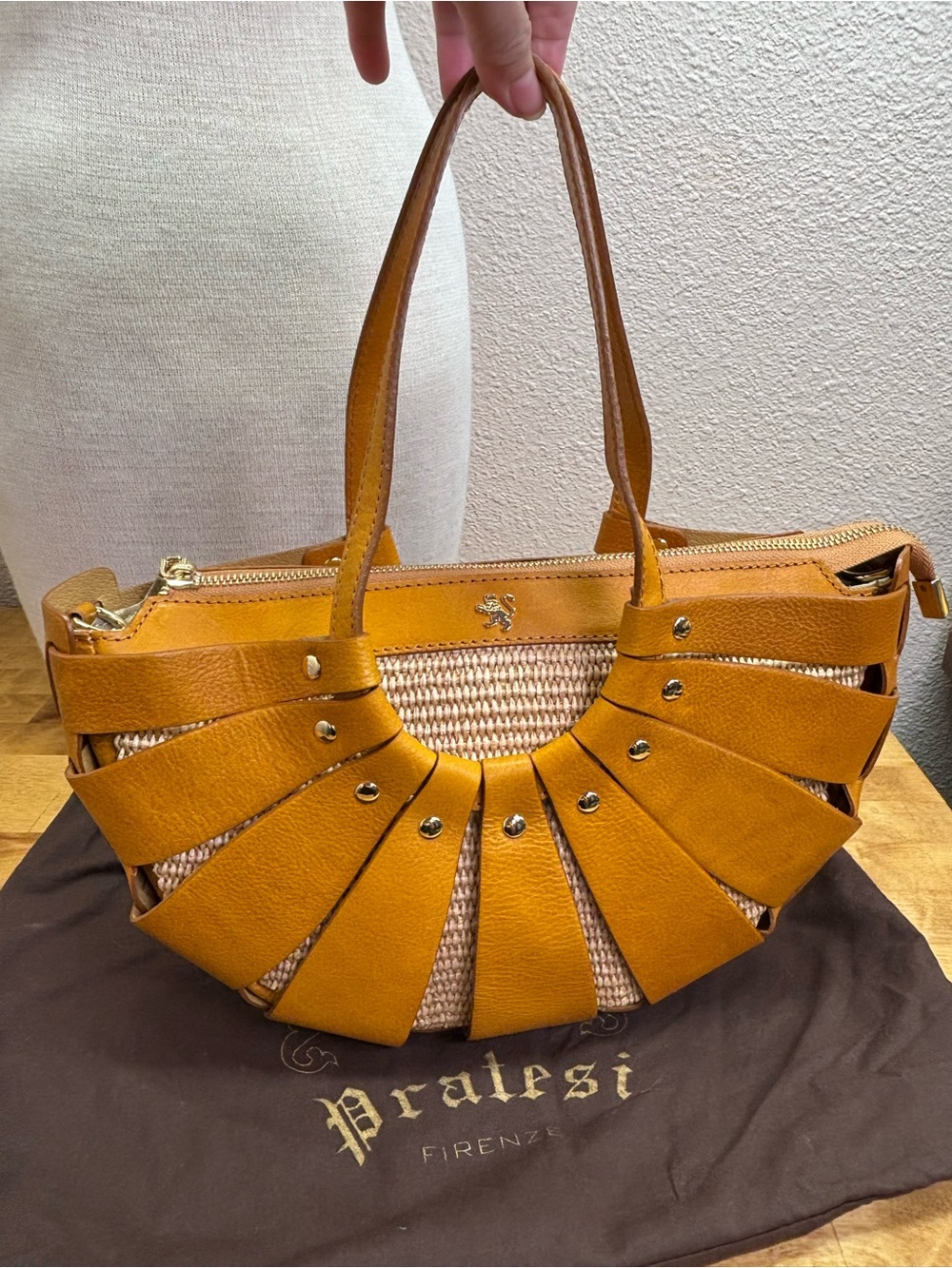 Pratesi Firenze Italian Leather Straw Fan Cage Satchel Shoulder Bag Yellow - Picture 3 of 15